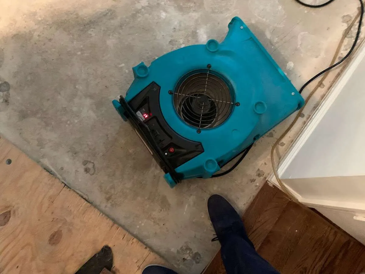 Air mover drying subfloor during Commercial Water Damage Restoration in Runnemede